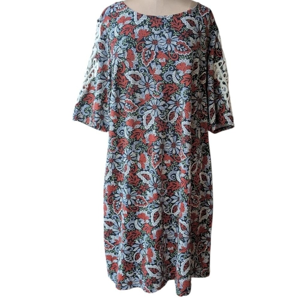 Shift Dress Multicolor Textured Mosaic Floral Crochet Lace Sleeve 1X Boho Artsy